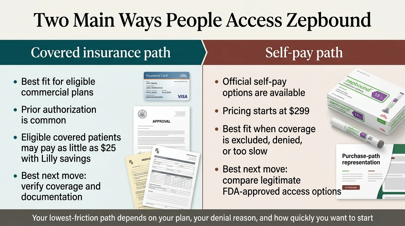 Two Main Ways People Access Zepbound side-by-side comparison. Left — Covered insurance path: best fit for eligible commercial plans, prior authorization is common, eligible covered patients may pay as little as $25 with Lilly savings, best next move is verify coverage and documentation. Right — Self-pay path: official self-pay options are available, pricing starts at $299, best fit when coverage is excluded, denied, or too slow, best next move is compare legitimate FDA-approved access options. Bottom: your lowest-friction path depends on your plan, your denial reason, and how quickly you want to start.