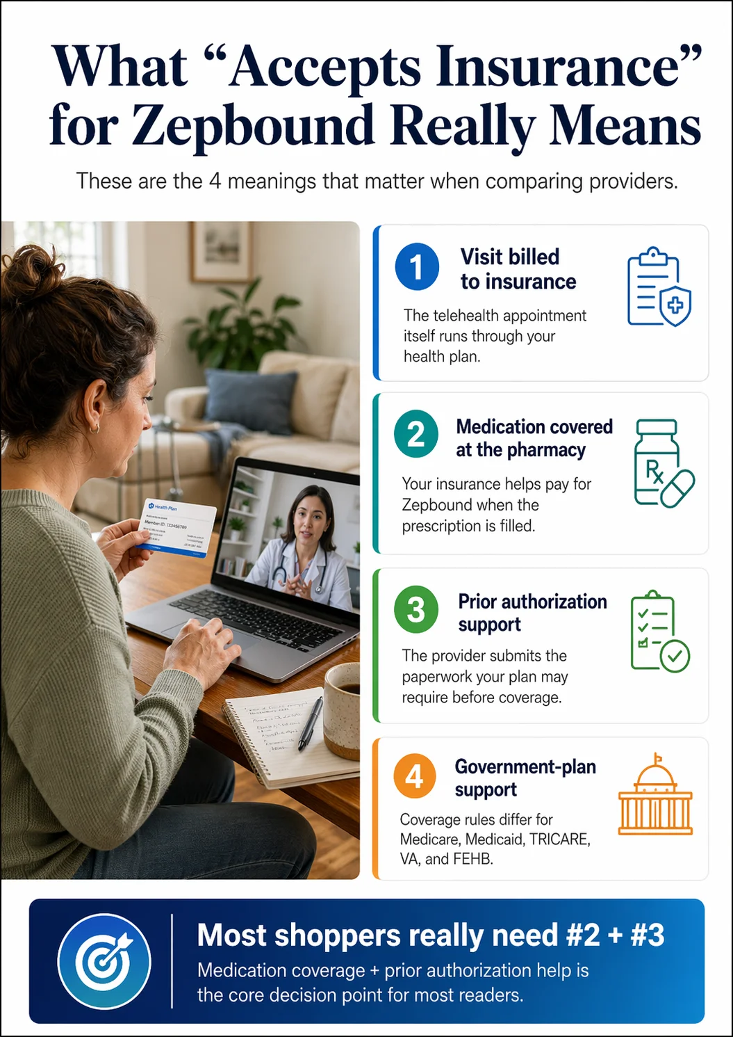 What 'accepts insurance' really means for Zepbound: four definitions — visit billed to insurance, medication covered at pharmacy, prior authorization support, and government-plan support. Most shoppers need numbers 2 and 3.