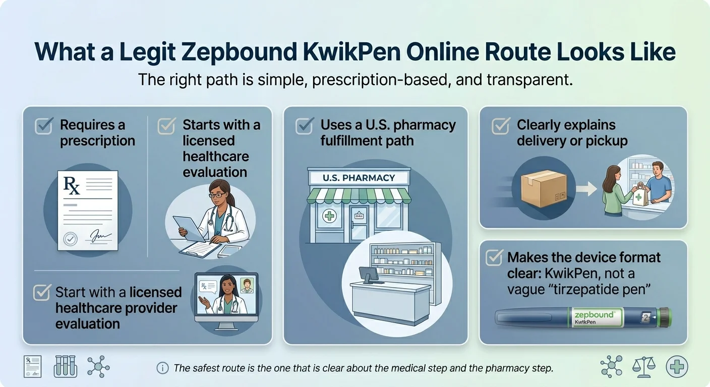 What a Legit Zepbound KwikPen Online Route Looks Like — checklist: Requires a prescription. Starts with a licensed healthcare evaluation. Uses a U.S. pharmacy fulfillment path. Clearly explains delivery or pickup. Start with a licensed healthcare provider evaluation. Makes the device format clear: KwikPen, not a vague 'tirzepatide pen'. The safest route is the one that is clear about the medical step and the pharmacy step.