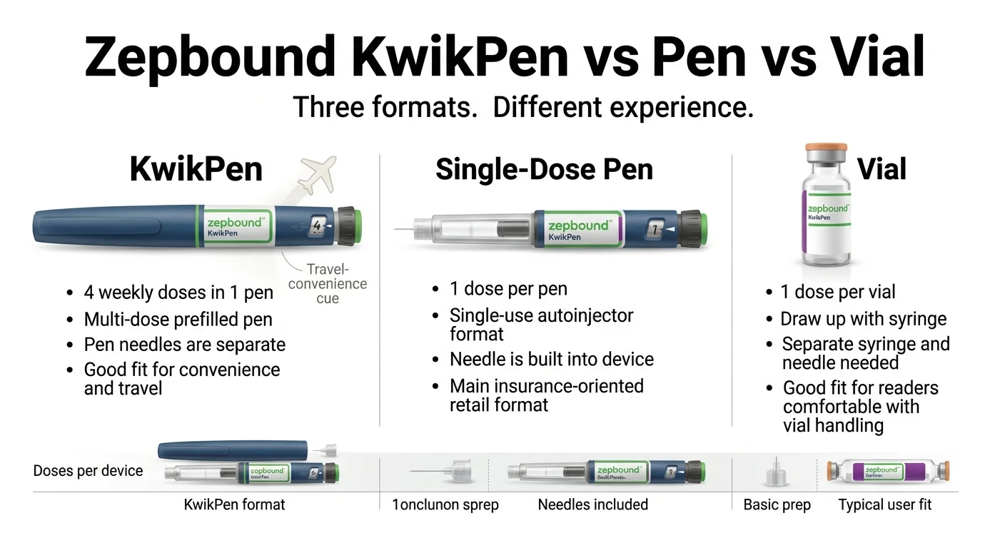 Zepbound KwikPen vs Single-Dose Pen vs Vial comparison: KwikPen holds 4 weekly doses, pen needles separate, multi-dose prefilled, good for convenience and travel. Single-Dose Pen holds 1 dose, needle built in, single-use autoinjector, main insurance-oriented format. Vial holds 1 dose, draw with syringe, separate needle needed, good for readers comfortable with vial handling.