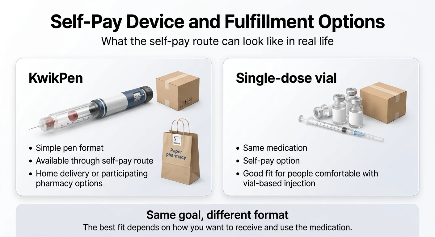 Self-Pay Device and Fulfillment Options infographic showing two options side by side. Left: KwikPen — simple pen format, available through self-pay route, home delivery or participating pharmacy options, shown with a delivery box and paper pharmacy bag. Right: Single-dose vial — same medication, self-pay option, good fit for people comfortable with vial-based injection, shown with glass vials, syringes, and a shipping box. Bottom: Same goal, different format — the best fit depends on how you want to receive and use the medication.