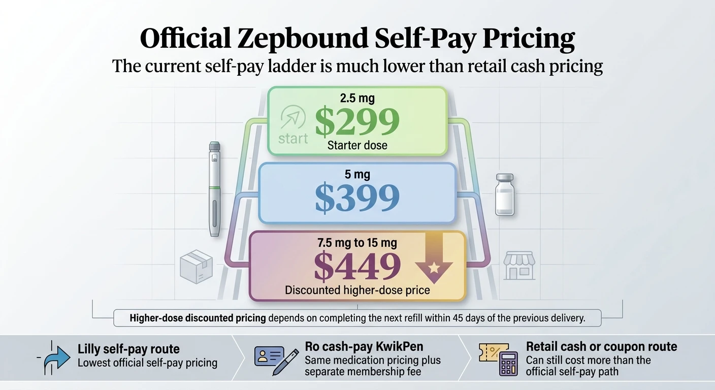 Official Zepbound Self-Pay Pricing infographic showing a pricing pyramid. Top tier: 2.5 mg starter dose at $299/month — lowest self-pay price. Middle tier: 5 mg at $399/month. Bottom tier: 7.5 mg to 15 mg at $449/month — discounted higher-dose price that depends on completing the next refill within 45 days. Three routes shown at bottom: Lilly self-pay route — lowest official self-pay pricing. Ro cash-pay KwikPen — same medication pricing plus separate membership fee. Retail cash or coupon route — can still cost more than the official self-pay path.