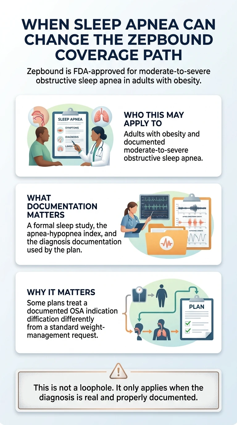 When Sleep Apnea Can Change the Zepbound Coverage Path infographic. Zepbound is FDA-approved for moderate-to-severe obstructive sleep apnea in adults with obesity. Who this may apply to: Adults with obesity and documented moderate-to-severe obstructive sleep apnea. What documentation matters: A formal sleep study, the apnea-hypopnea index, and the diagnosis documentation used by the plan. Why it matters: Some plans treat a documented OSA indication differently from a standard weight-management request. Bottom note: This is not a loophole. It only applies when the diagnosis is real and properly documented.