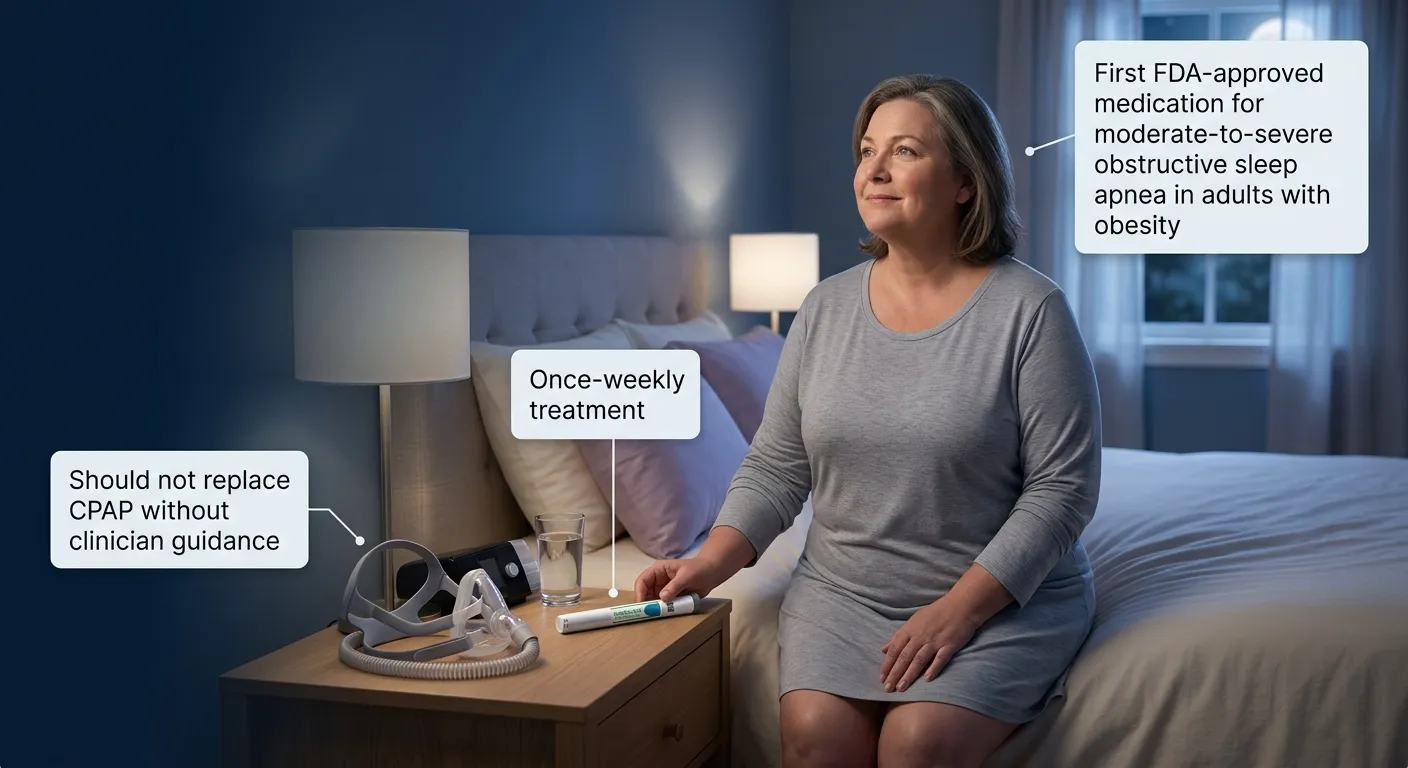 Zepbound for sleep apnea — first FDA-approved medication for moderate-to-severe obstructive sleep apnea in adults with obesity, shown as a once-weekly injection alongside a CPAP machine
