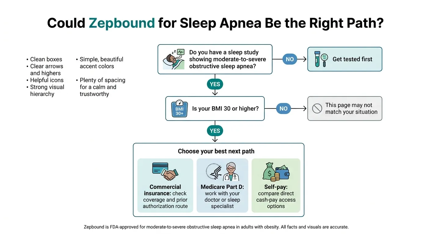 Zepbound for sleep apnea qualification flowchart: Do you have a sleep study showing moderate-to-severe OSA? Is your BMI 30 or higher? Choose your path — commercial insurance, Medicare Part D, or self-pay.