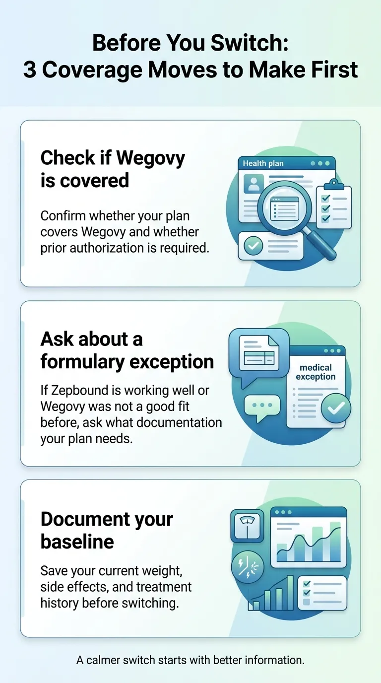 Before switching from Zepbound to Wegovy — 3 coverage moves: check if Wegovy is covered, ask about formulary exception, document your baseline