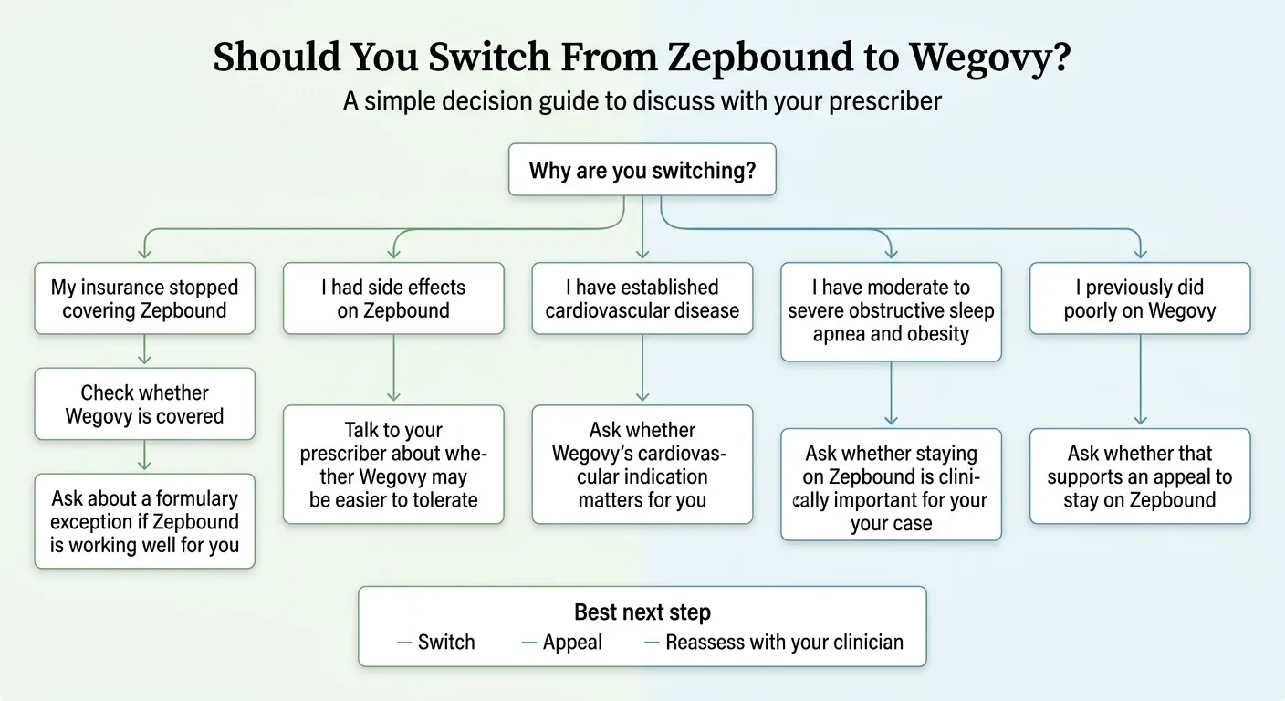 Should you switch from Zepbound to Wegovy? Decision flowchart — insurance forced switch, side effects, cardiovascular disease, sleep apnea, previous Wegovy failure