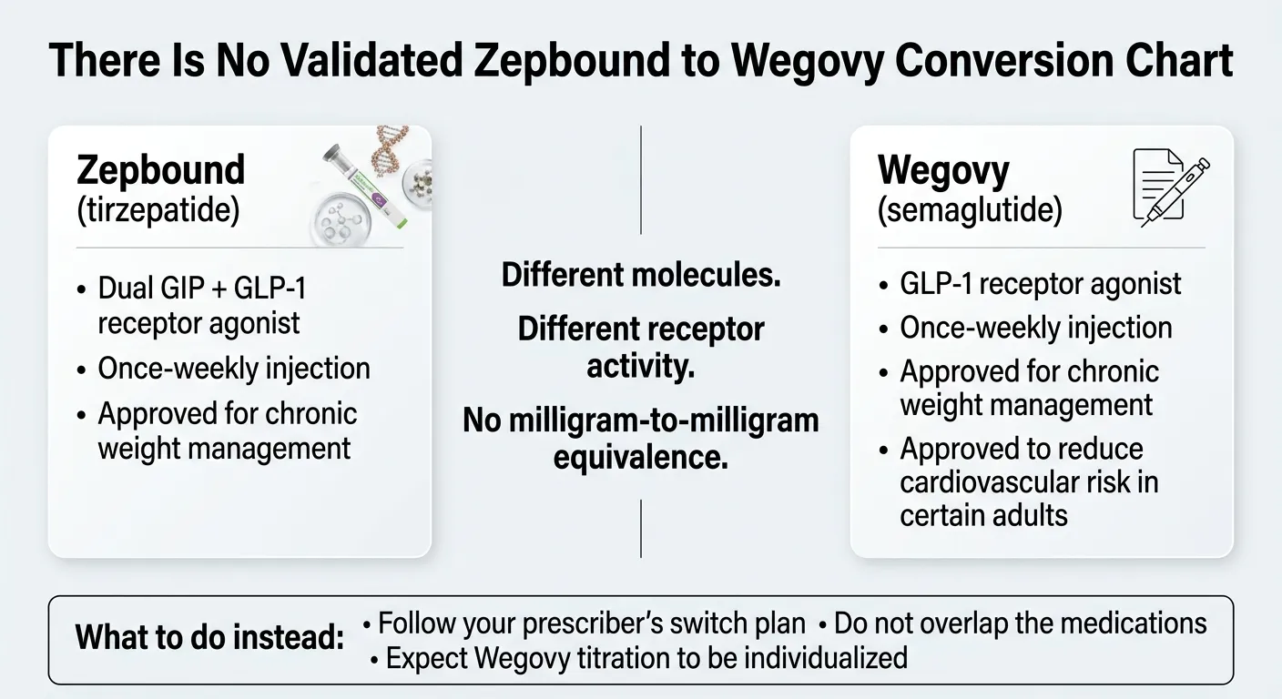 There is no validated Zepbound to Wegovy conversion chart — Zepbound is dual GIP+GLP-1, Wegovy is GLP-1 only, different molecules with no mg equivalence