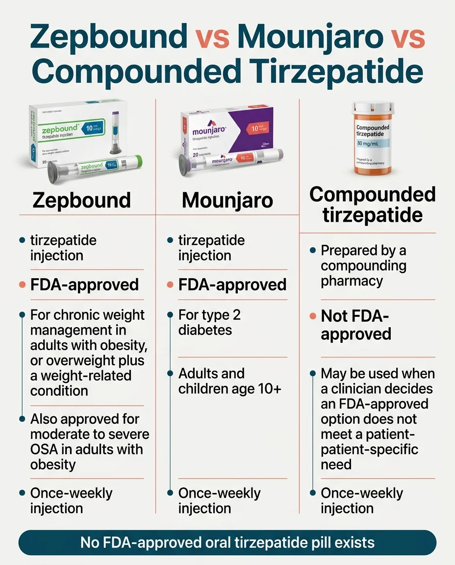 Zepbound vs Mounjaro vs compounded tirzepatide — comparison chart showing Zepbound is FDA-approved for weight loss, Mounjaro is FDA-approved for type 2 diabetes, compounded is not FDA-approved but may be used for patient-specific needs