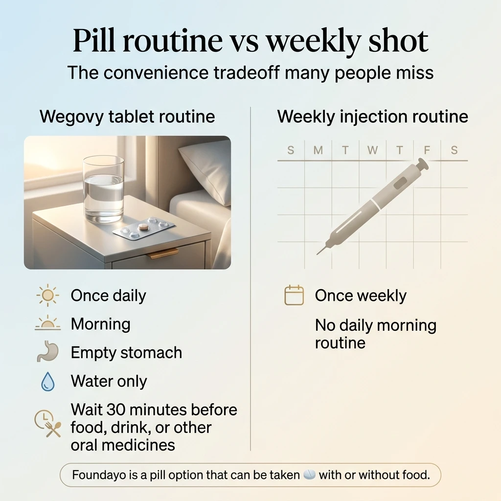 Wegovy tablet daily routine vs weekly injection routine comparison: Wegovy tablet requires once daily in the morning on empty stomach with water only, then wait 30 minutes. Weekly injection requires only once per week with no daily morning routine.
