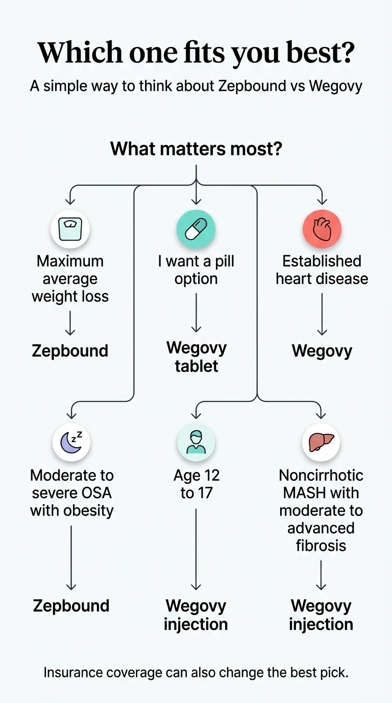 Decision chart: Which Zepbound or Wegovy option fits you best? If maximum weight loss → Zepbound. Want a pill → Wegovy tablet. Established heart disease → Wegovy injection. Moderate-to-severe OSA with obesity → Zepbound. Ages 12-17 → Wegovy injection. Noncirrhotic MASH with fibrosis → Wegovy injection.