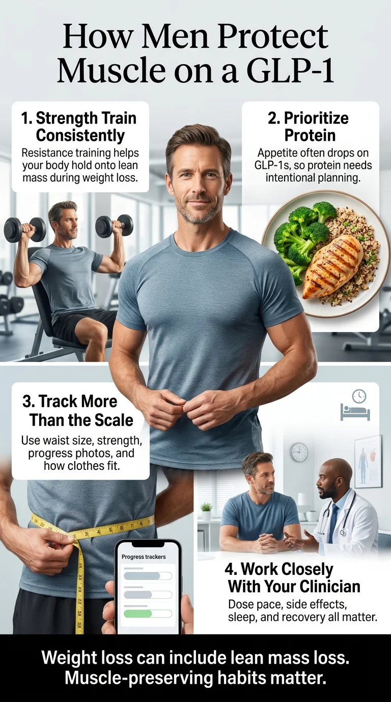 How men protect muscle on a GLP-1: strength train consistently, prioritize protein, track more than just scale weight, and work closely with your clinician