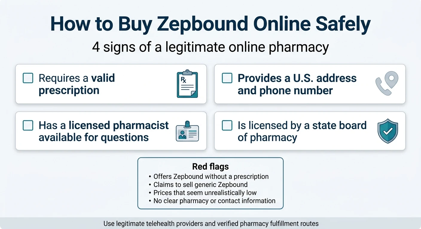 How to buy Zepbound online safely — 4 signs of a legitimate online pharmacy: requires a valid prescription, provides U.S. address and phone number, has a licensed pharmacist available, is licensed by a state board of pharmacy