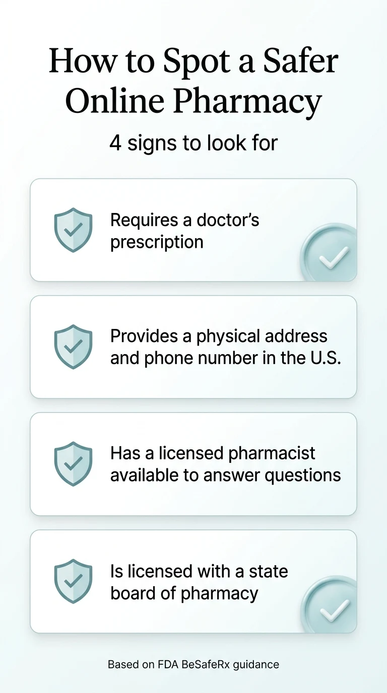 How to spot a safer online pharmacy for GLP-1 medications — 4 signs: requires doctor's prescription, provides physical US address and phone number, has licensed pharmacist available, and is licensed by a state board of pharmacy. Based on FDA BeSafeRx guidance.