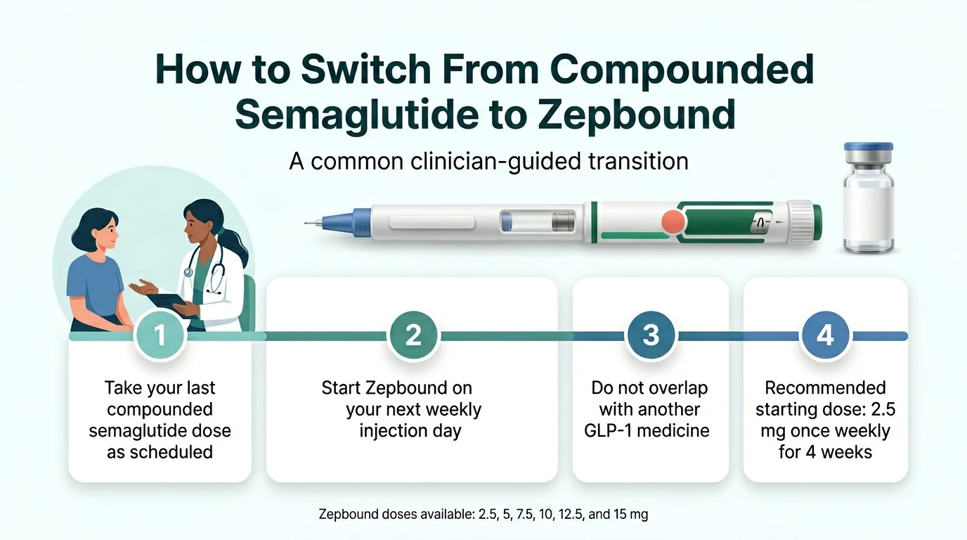 How to switch from compounded semaglutide to Zepbound — 4-step clinician-guided transition: take last dose as scheduled, start Zepbound next weekly injection day, do not overlap GLP-1 medicines, recommended starting dose 2.5 mg once weekly for 4 weeks