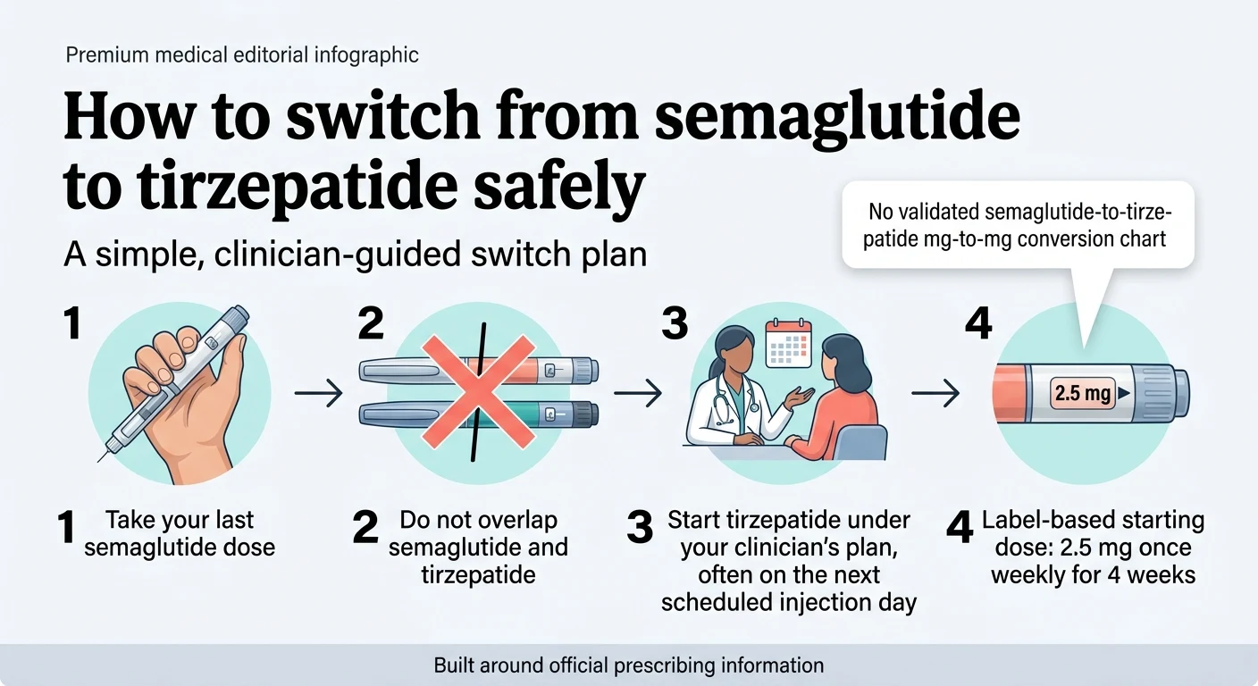 How to switch from semaglutide to tirzepatide safely — 4-step clinician-guided plan: take last semaglutide dose, do not overlap, start tirzepatide on next injection day, begin at 2.5 mg
