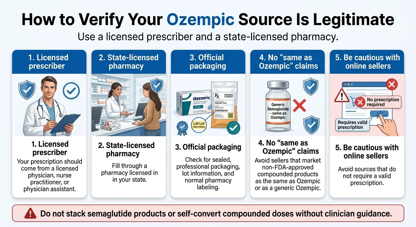 How to verify your Ozempic source is legitimate — 5 checks: licensed prescriber, state-licensed pharmacy, official packaging, no 'same as Ozempic' claims, and be cautious with online sellers that don't require a prescription