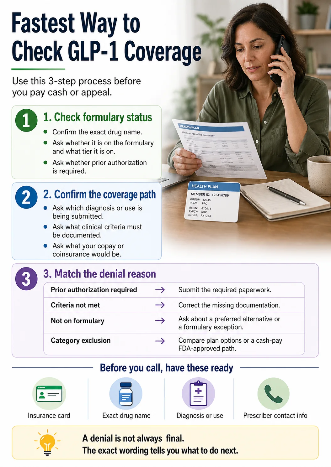 Fastest Way to Check GLP-1 Coverage: 3-step process before you pay cash or appeal. Step 1: Check formulary status — confirm drug name, tier, and whether prior authorization is required. Step 2: Confirm the coverage path — ask which diagnosis is being submitted, what clinical criteria apply, and what your copay would be. Step 3: Match the denial reason — prior authorization needed, criteria not met, not on formulary, or category exclusion each require a different response. Before you call: have your insurance card, exact drug name, diagnosis or use, and prescriber contact info ready.