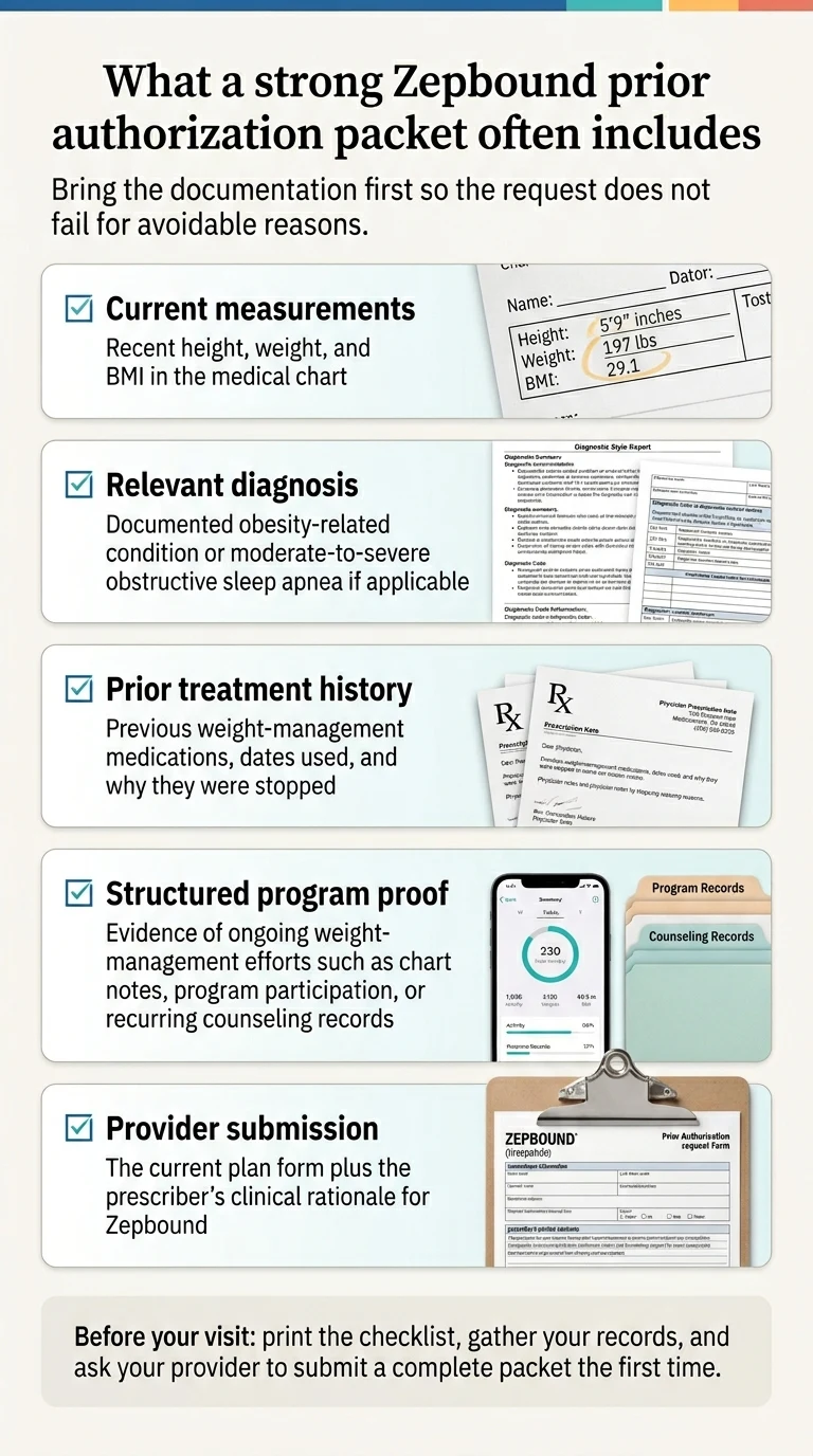 What a strong Zepbound prior authorization packet often includes — bring the documentation first so the request does not fail for avoidable reasons. Five required components: 1. Current measurements (recent height, weight, and BMI in the medical chart), 2. Relevant diagnosis (documented obesity-related condition or moderate-to-severe obstructive sleep apnea if applicable), 3. Prior treatment history (previous weight-management medications, dates used, and why they were stopped), 4. Structured program proof (evidence of ongoing weight-management efforts such as chart notes, program participation, or recurring counseling records), 5. Provider submission (the current plan form plus the prescriber's clinical rationale for Zepbound). Before your visit: print the checklist, gather your records, and ask your provider to submit a complete packet the first time.