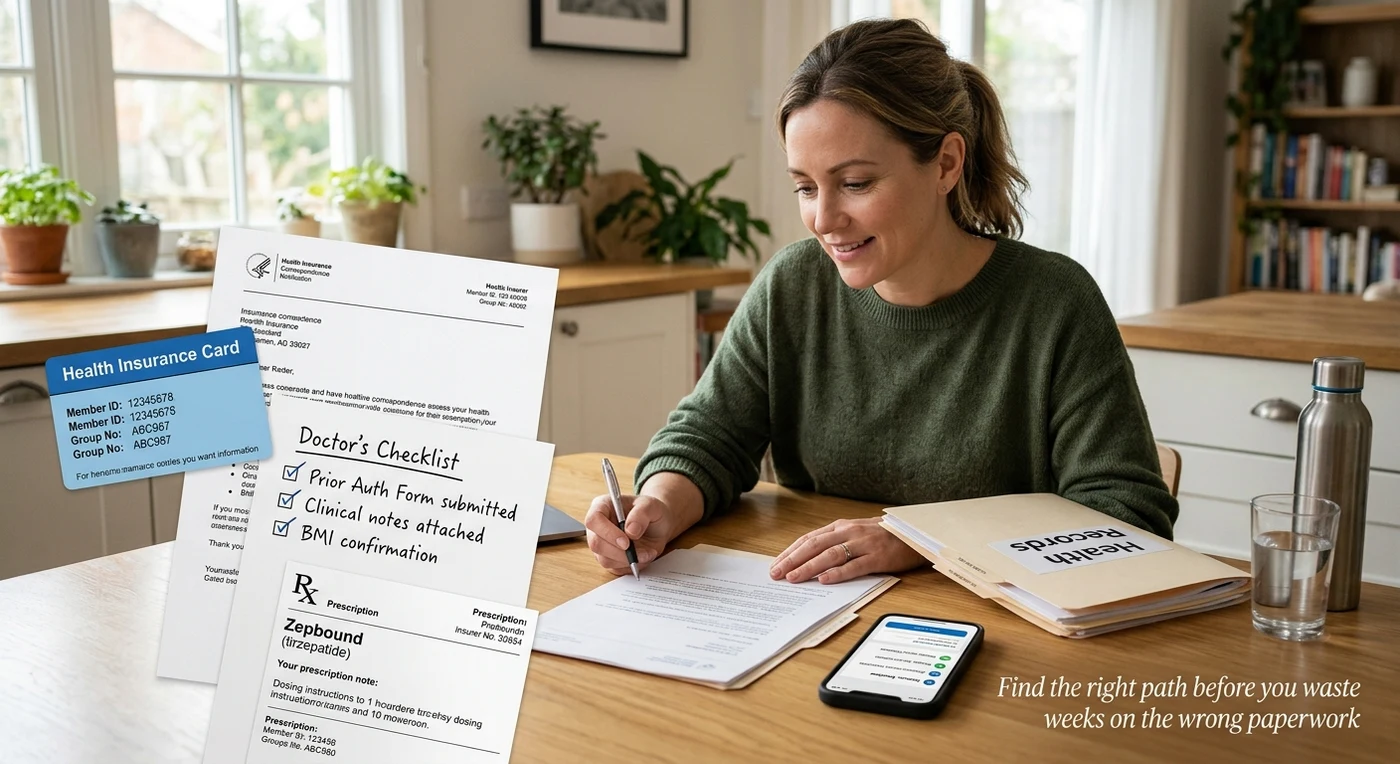 Person reviewing a Blue Cross Zepbound prior authorization packet at a kitchen table — health insurance card, doctor's checklist with prior auth form submitted, clinical notes attached and BMI confirmation, and a Zepbound (tirzepatide) prescription form. Find the right path before you waste weeks on the wrong paperwork.