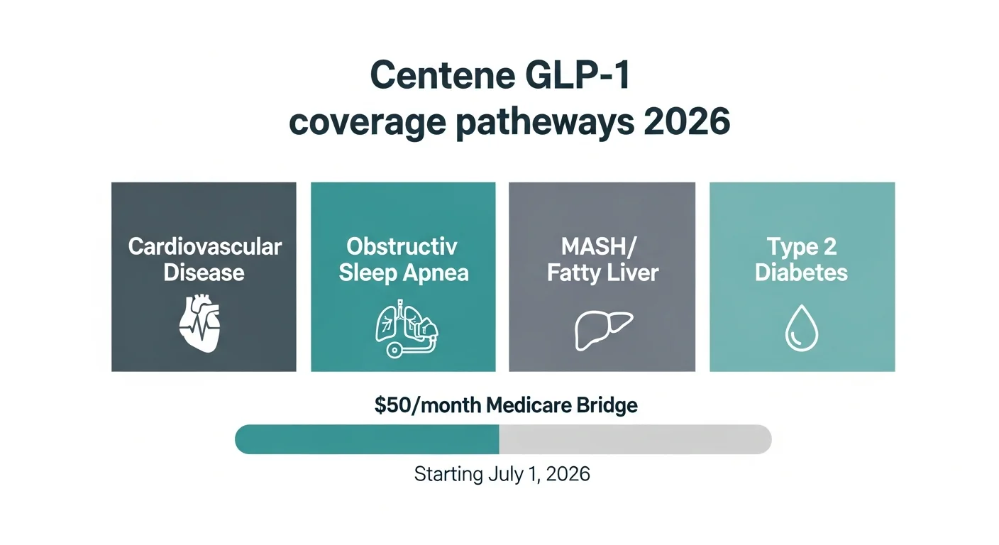 Centene GLP-1 coverage pathways for 2026 — cardiovascular, obstructive sleep apnea, MASH, and type 2 diabetes, plus the Medicare Bridge $50/month route