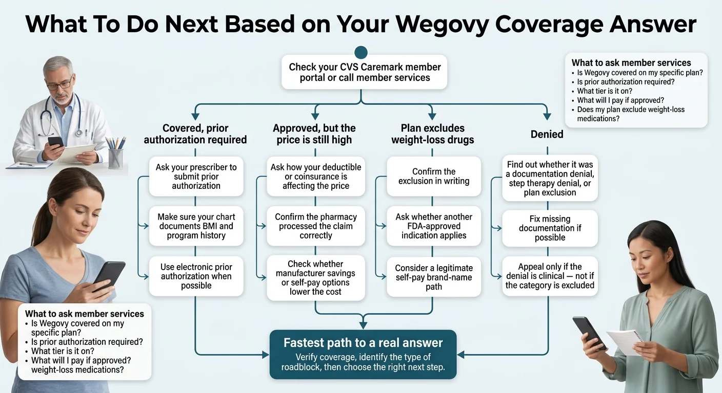 What To Do Next Based on Your Wegovy Coverage Answer. Starting point: Check your CVS Caremark member portal or call member services. Four branches: (1) Covered, prior authorization required — ask your prescriber to submit PA, make sure your chart documents BMI and program history, use electronic prior authorization when possible. (2) Approved, but the price is still high — ask how your deductible or coinsurance is affecting the price, confirm the pharmacy processed the claim correctly, check whether manufacturer savings or self-pay options lower the cost. (3) Plan excludes weight-loss drugs — confirm the exclusion in writing, ask whether another FDA-approved indication applies, consider a legitimate self-pay brand-name path. (4) Denied — find out whether it was a documentation denial, step therapy denial, or plan exclusion, fix missing documentation if possible, appeal only if the denial is clinical not if the category is excluded. What to ask member services: Is Wegovy covered on my specific plan? Is prior authorization required? What tier is it on? What will I pay if approved? Does my plan exclude weight-loss medications? Fastest path to a real answer: Verify coverage, identify the type of roadblock, then choose the right next step.