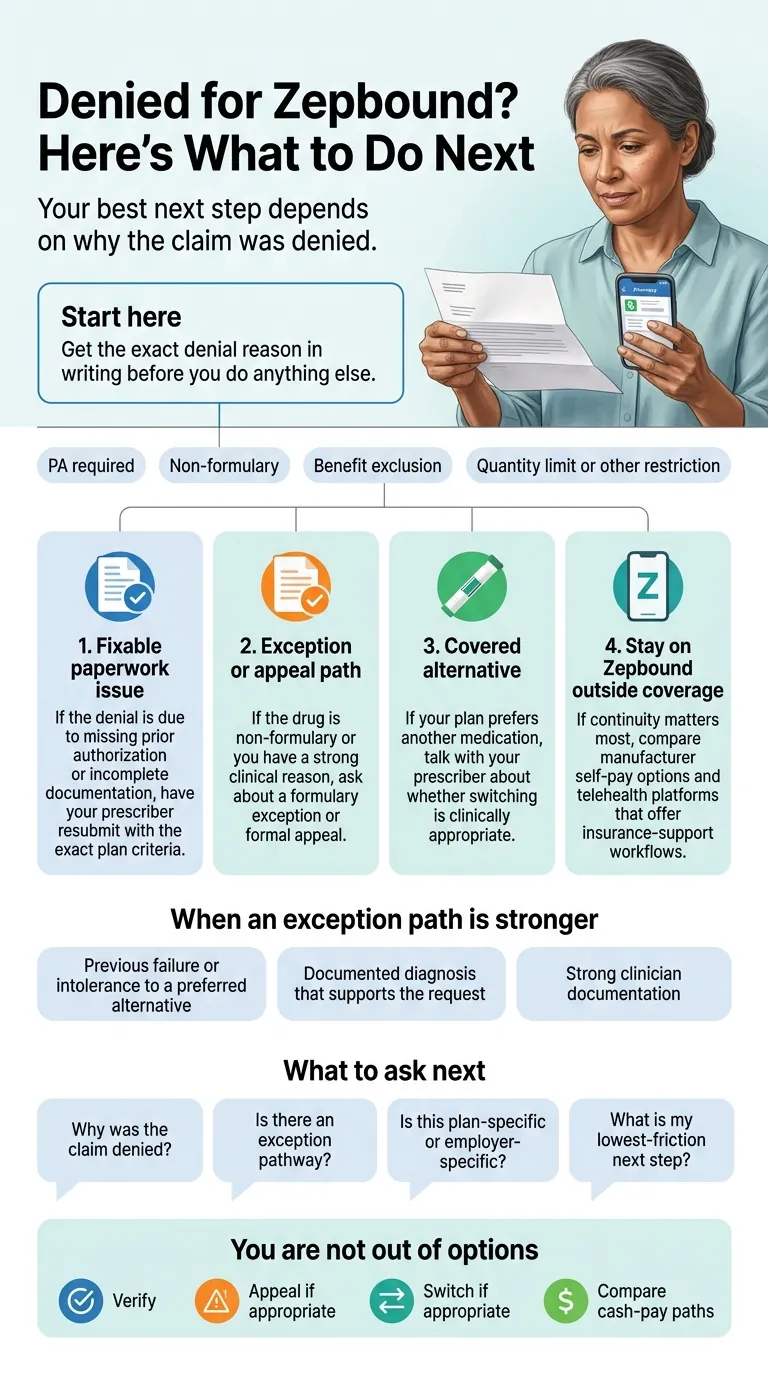 Denied for Zepbound by CVS Caremark? Here's what to do next — decision tree for PA required, non-formulary, benefit exclusion, and quantity limit denials