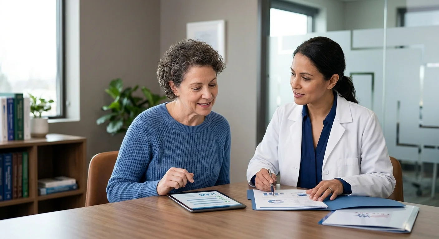 Doctor and TRICARE beneficiary reviewing GLP-1 prior authorization documentation together at a clinical desk