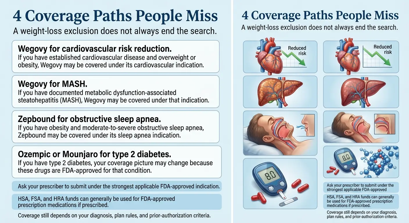 4 coverage paths people miss. A weight-loss exclusion does not always end the search. Path 1: Wegovy for cardiovascular risk reduction -- if you have established cardiovascular disease and overweight or obesity, Wegovy may be covered under its cardiovascular indication. Path 2: Wegovy for MASH -- if you have documented metabolic dysfunction-associated steatohepatitis, Wegovy may be covered under that indication. Path 3: Zepbound for obstructive sleep apnea -- if you have obesity and moderate-to-severe obstructive sleep apnea, Zepbound may be covered under its sleep apnea indication. Path 4: Ozempic or Mounjaro for type 2 diabetes -- if you have type 2 diabetes, your coverage picture may change because these drugs are FDA-approved for that condition. Ask your prescriber to submit under the strongest applicable FDA-approved indication. HSA, FSA, and HRA funds can generally be used for FDA-approved prescription medications if prescribed. Coverage still depends on your diagnosis, plan rules, and prior-authorization criteria.
