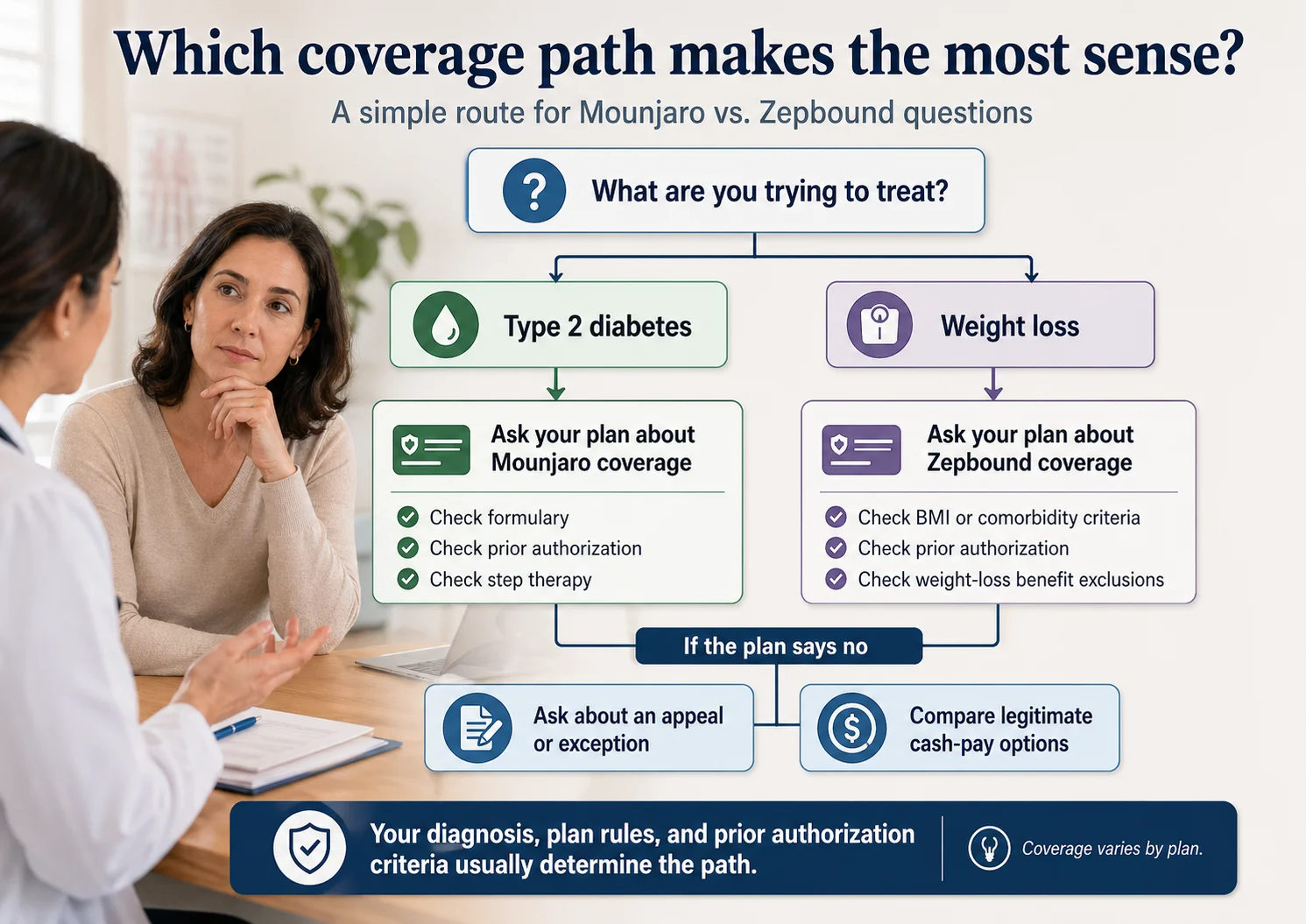 Which coverage path makes the most sense? Decision flowchart: if treating type 2 diabetes, ask about Mounjaro coverage (check formulary, PA, step therapy); if treating weight loss, ask about Zepbound coverage (check BMI criteria, PA, exclusions). If plan says no: ask about appeal or exception, or compare legitimate cash-pay options.