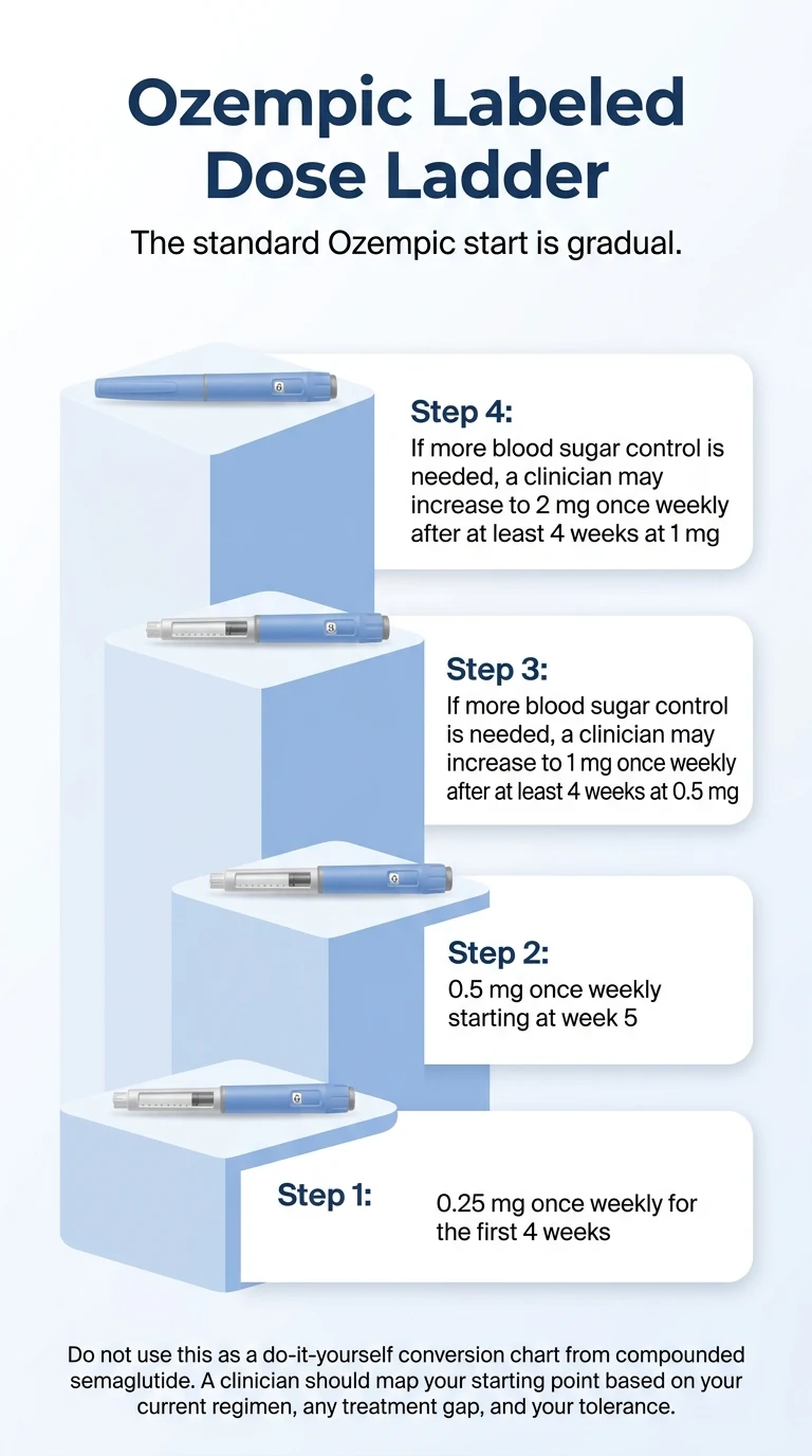 Ozempic labeled dose ladder — standard Ozempic start is gradual: 0.25 mg for first 4 weeks, 0.5 mg at week 5, increasing to 1 mg and 2 mg as needed for blood sugar control
