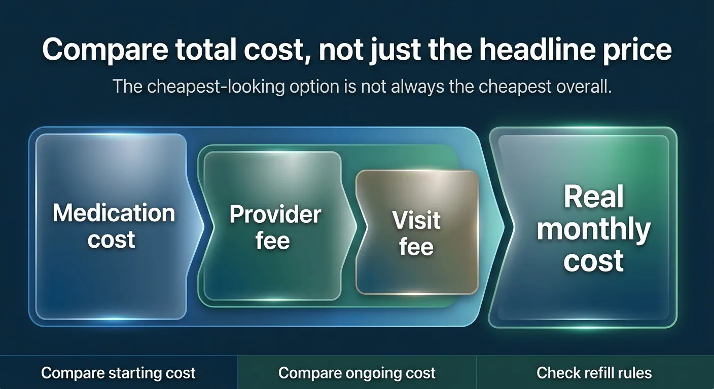 Compare total cost, not just the headline price. The cheapest-looking option is not always the cheapest overall. Total cost equals medication cost plus provider fee plus visit fee. Compare starting cost, compare ongoing cost, and check refill rules.