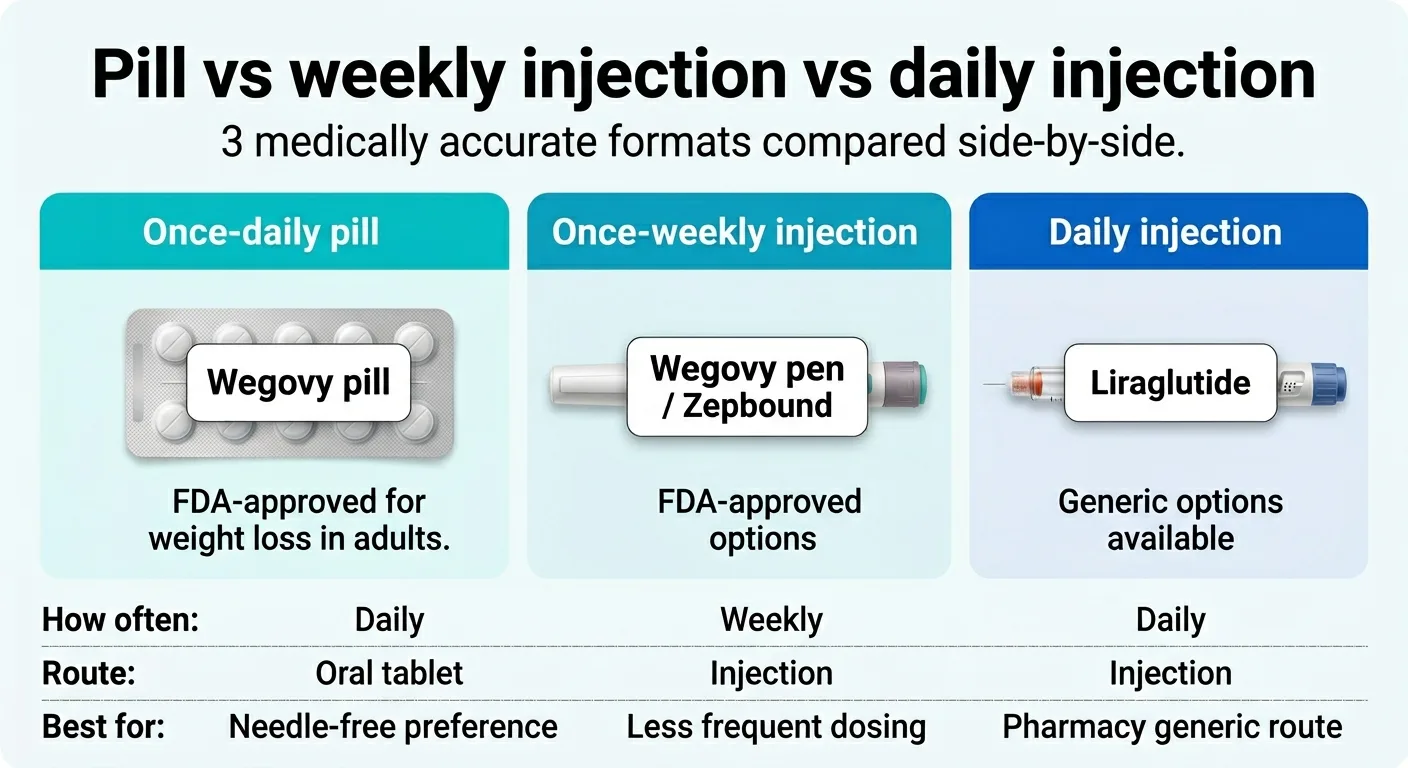 Pill vs weekly injection vs daily injection — 3 medically accurate GLP-1 formats compared side by side. Once-daily pill: Wegovy pill, FDA-approved for weight loss in adults, oral tablet, best for needle-free preference. Once-weekly injection: Wegovy pen or Zepbound, FDA-approved options, injection, best for less frequent dosing. Daily injection: Liraglutide, generic options available, injection, best for pharmacy generic route. How often: Daily, Weekly, Daily. Route: Oral tablet, Injection, Injection.