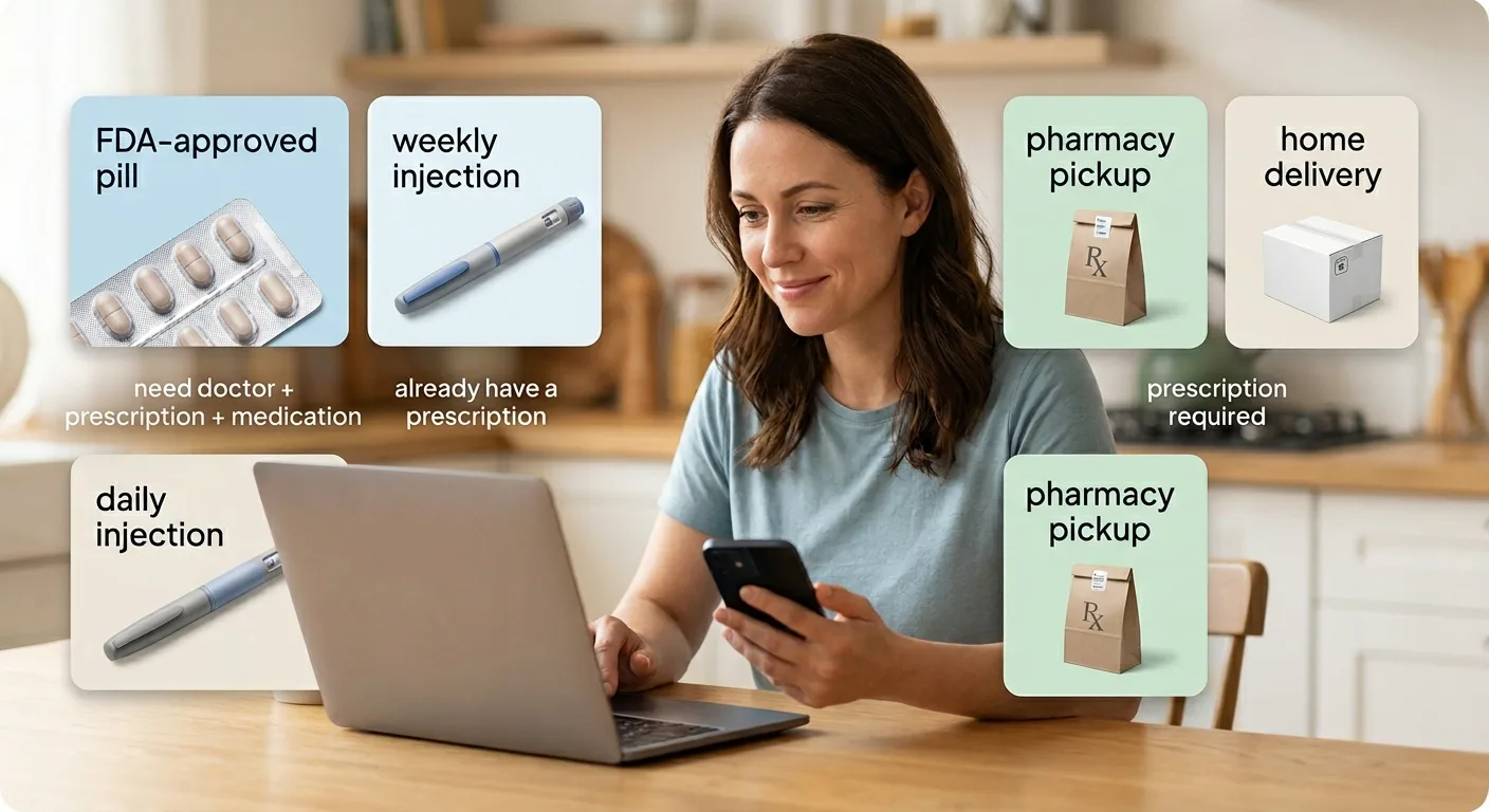 Cheapest GLP-1 without insurance options for self-pay patients: FDA-approved daily pill (need doctor, prescription, and medication), weekly injection (already have a prescription), daily injection, pharmacy pickup, and home delivery. Prescription required for all routes.
