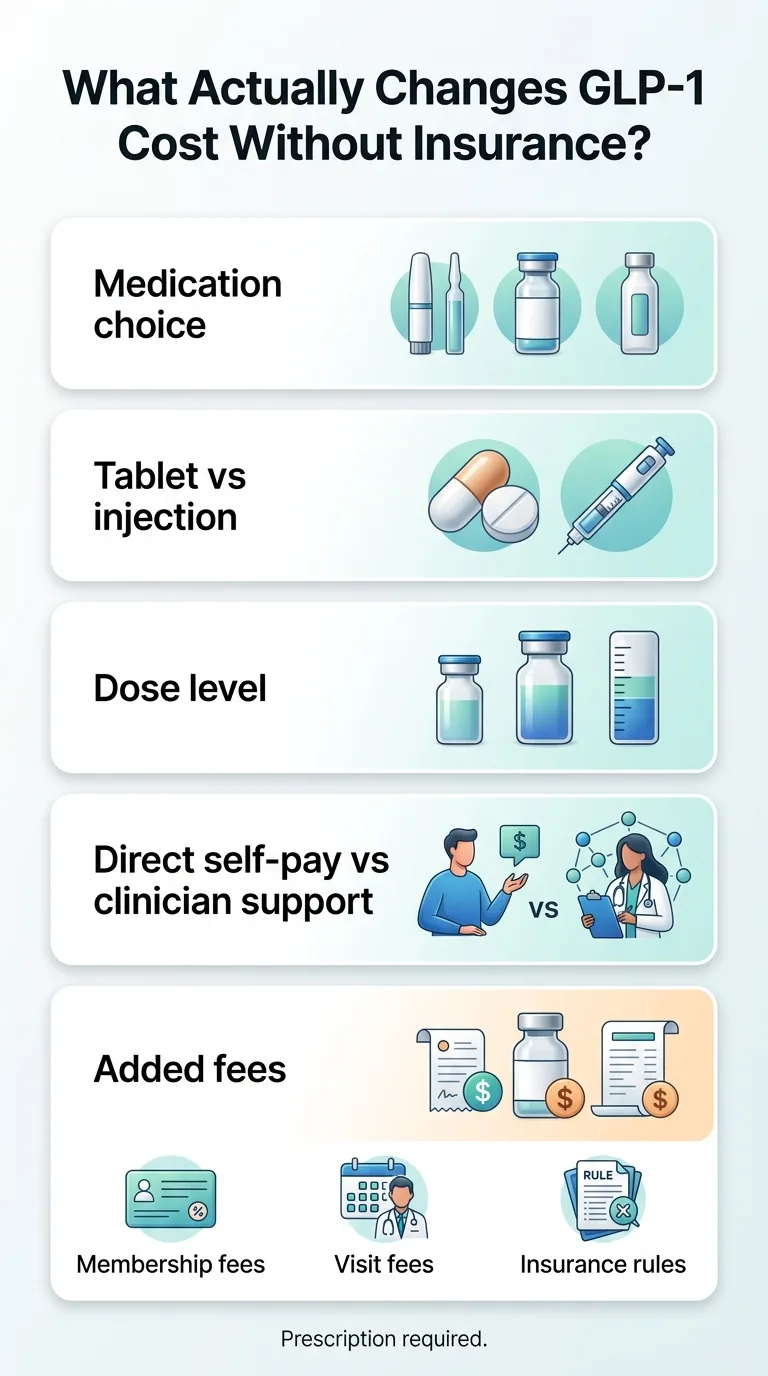 What actually changes GLP-1 cost without insurance. Five factors illustrated with icons: (1) Medication choice — pen injectors and vials; (2) Tablet vs injection — pill and syringe; (3) Dose level — vials of different fill levels; (4) Direct self-pay vs clinician support — patient with dollar sign versus doctor with clipboard; (5) Added fees — showing membership fees, visit fees, and insurance rules. Note at bottom: Prescription required.