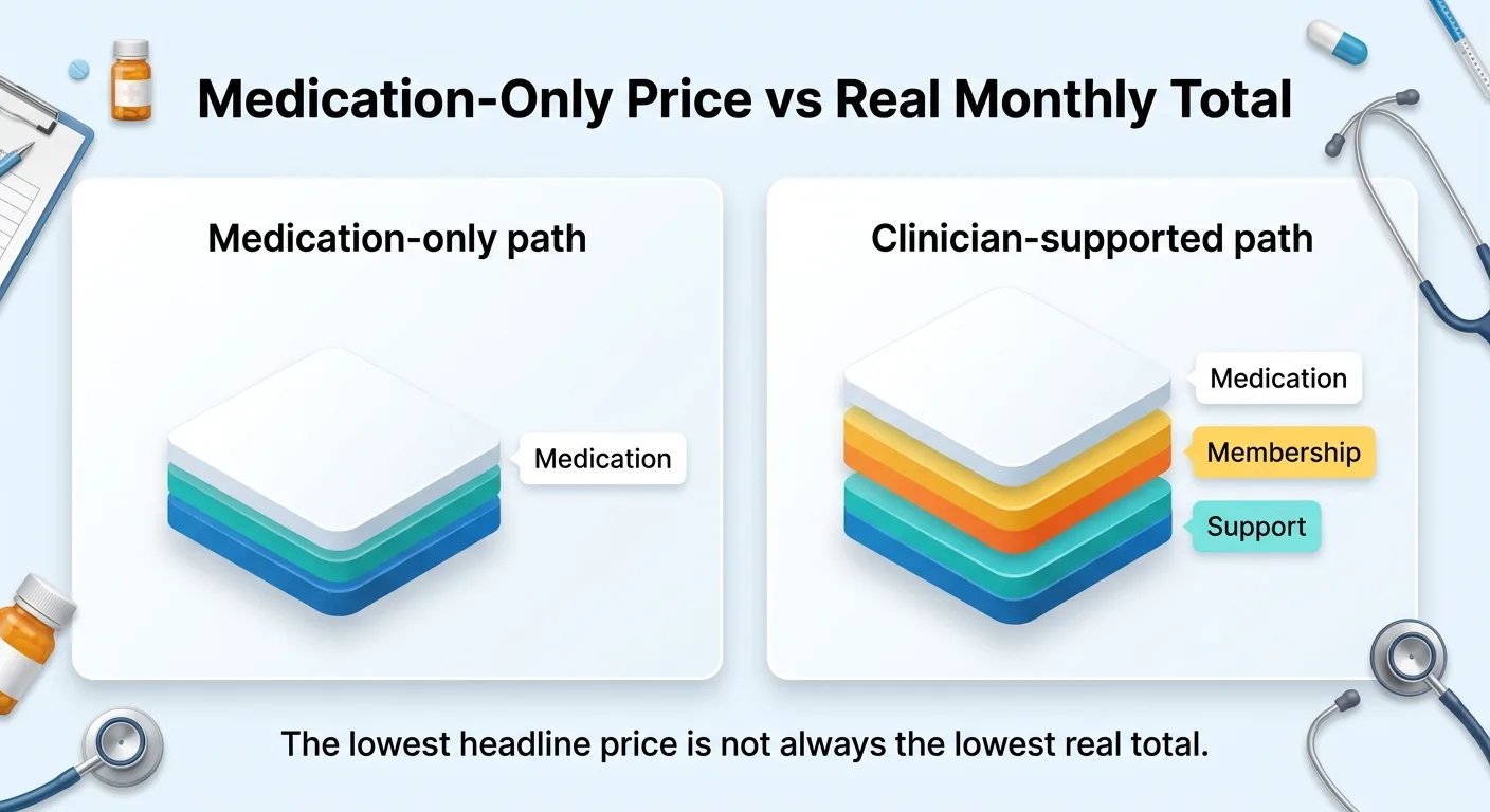 Medication-only price vs real monthly total comparison. Left side shows medication-only path: a single thin stack labeled 'Medication' representing just the drug cost. Right side shows clinician-supported path: a thick stacked layer diagram with three layers — Medication (top, gray), Membership (middle, orange), and Support (bottom, teal) — representing the full monthly cost. Caption below: The lowest headline price is not always the lowest real total.
