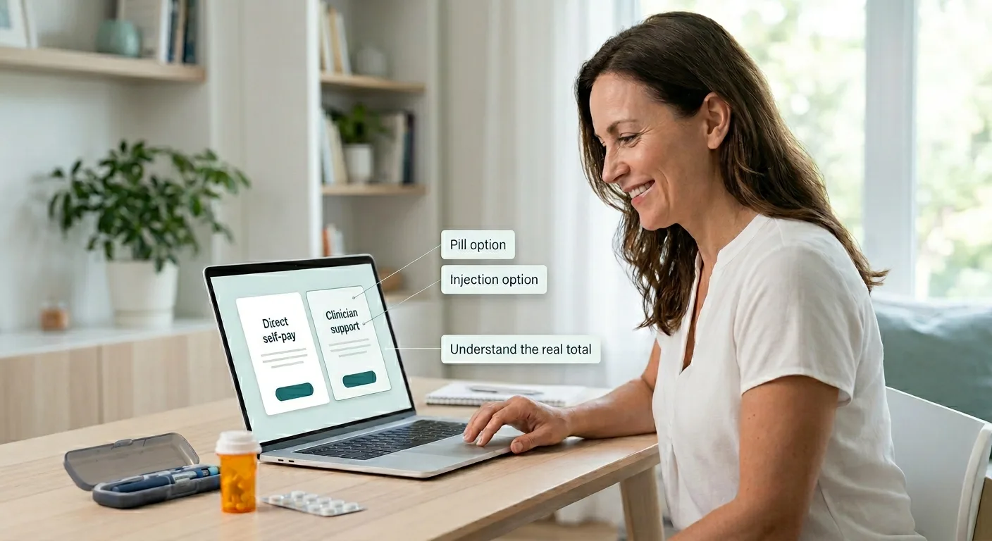 Woman researching GLP-1 cost without insurance on a laptop. Screen shows two paths: direct self-pay and clinician support. Nearby are GLP-1 pen injectors, a pill blister pack, and an insulin pen. Callouts explain: pill option, injection option, and understand the real total monthly cost.