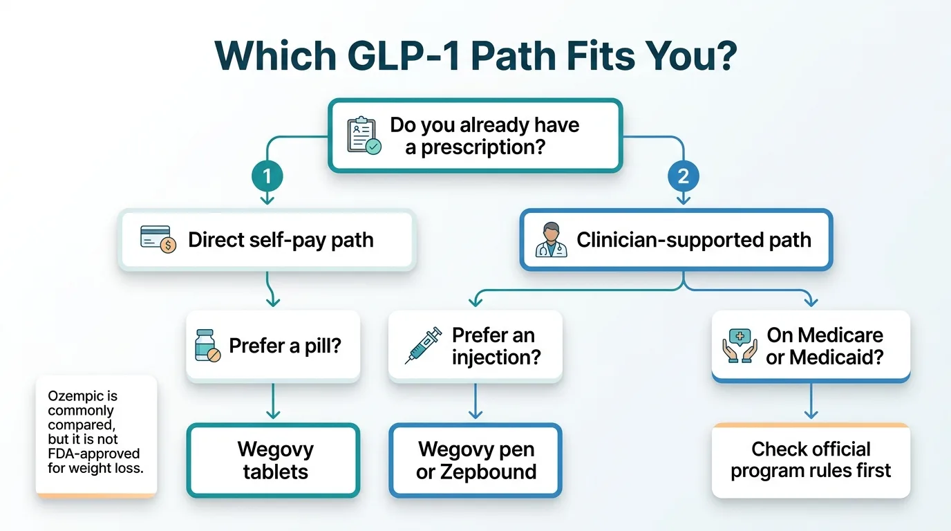 Which GLP-1 path fits you? Flowchart. Starting question: Do you already have a prescription? Path 1 (left, numbered 1): Direct self-pay path. Sub-question: Prefer a pill? → Wegovy tablets. Sub-question: Prefer an injection? → Wegovy pen or Zepbound. Note: Ozempic is commonly compared, but it is not FDA-approved for weight loss. Path 2 (right, numbered 2): Clinician-supported path. Sub-question: On Medicare or Medicaid? → Check official program rules first.