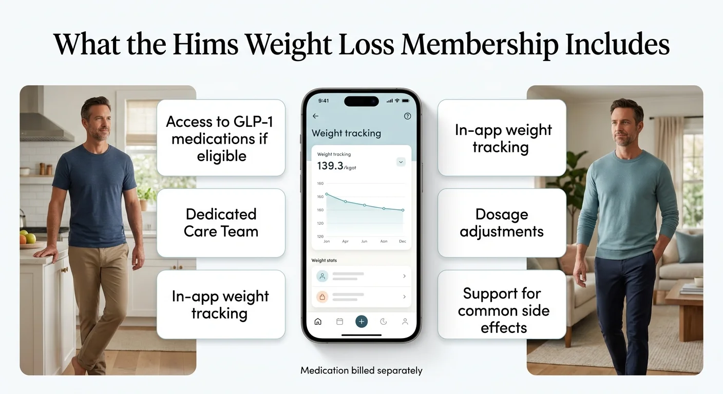 What the Hims Weight Loss Membership includes: Access to GLP-1 medications if eligible, Dedicated Care Team, In-app weight tracking (left panel). Right panel: In-app weight tracking, Dosage adjustments, Support for common side effects. Center: phone showing weight tracking chart trending downward. Bottom note: Medication billed separately.