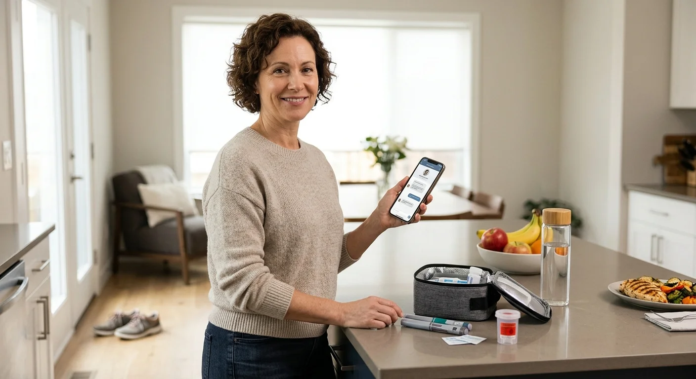 Person using a telehealth app for GLP-1 weight loss treatment with injectable medication and supplies on a kitchen counter