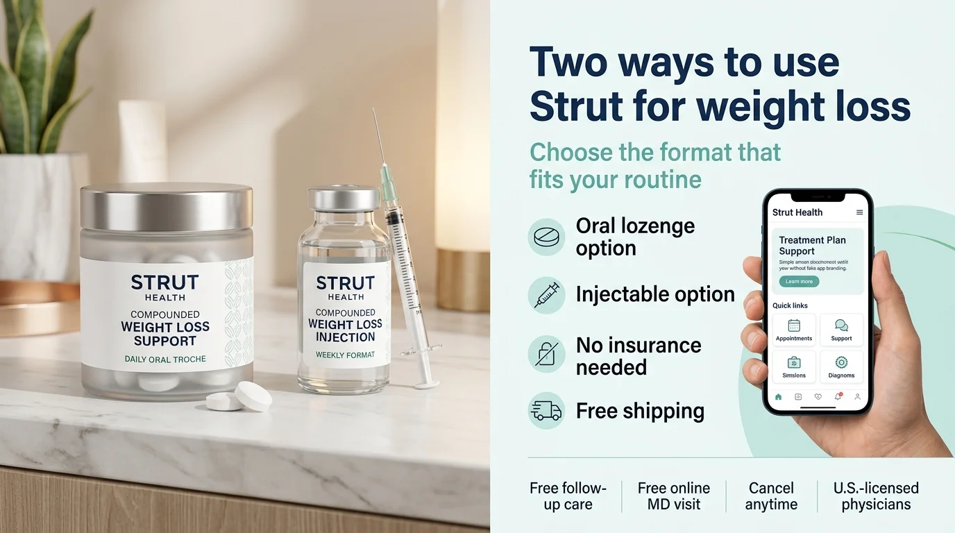 Two ways to use Strut for weight loss — oral lozenge and injectable options with app interface