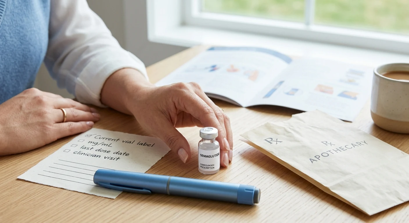 Person at desk preparing to switch from compounded semaglutide to Ozempic, reviewing vial label checklist with compounded prescription bags and injection pen