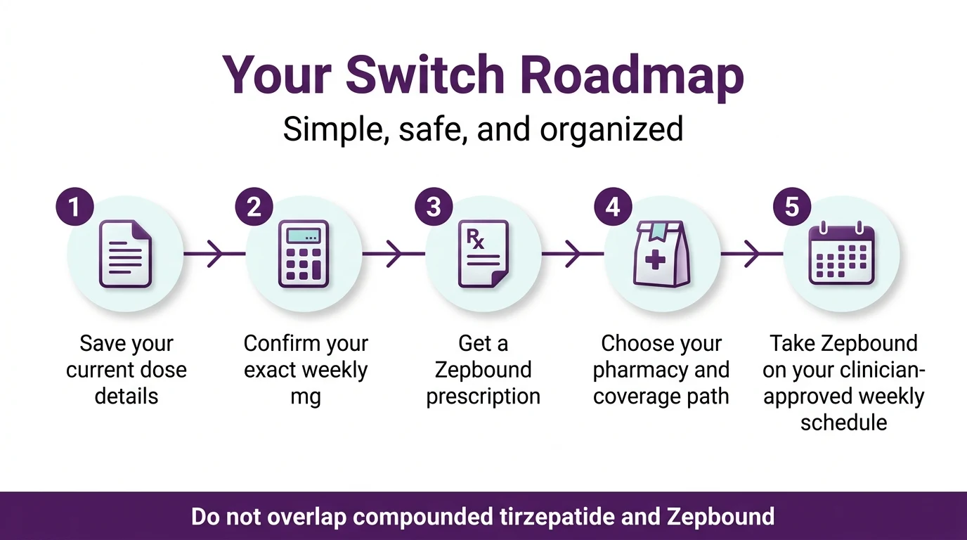 Your Switch Roadmap — 5-step visual: save dose details, confirm weekly mg, get Zepbound prescription, choose pharmacy, take Zepbound on schedule. Do not overlap compounded tirzepatide and Zepbound.