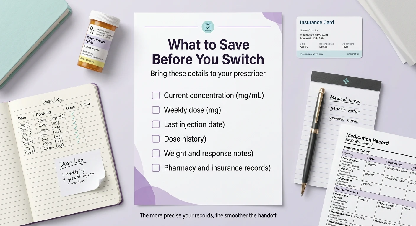 What to save before switching from compounded tirzepatide to Zepbound — checklist including current concentration mg/mL, weekly dose, last injection date, dose history, weight and response notes, and pharmacy and insurance records