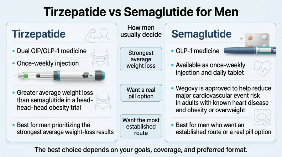 Tirzepatide vs semaglutide for men: tirzepatide is a dual GIP/GLP-1 medicine with strongest average weight loss; semaglutide is a GLP-1 medicine with cardiovascular data and pill option