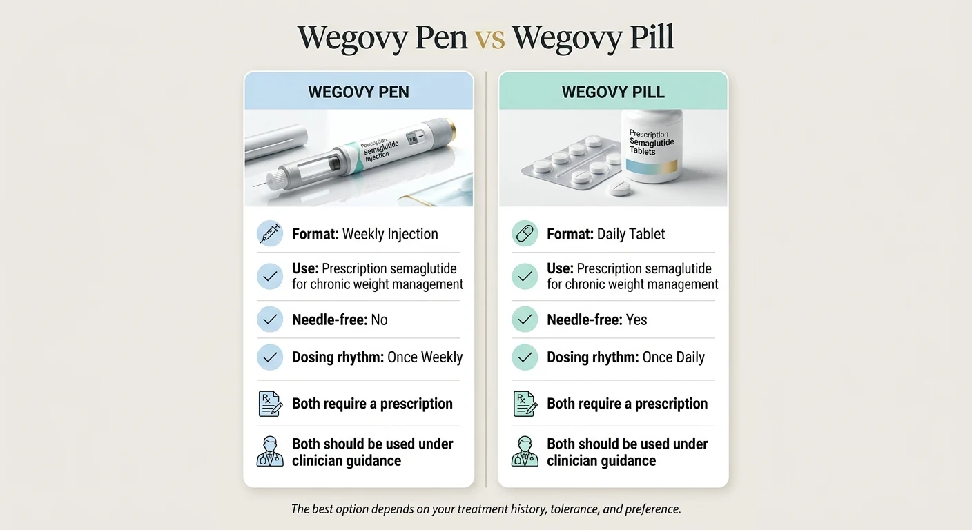 Wegovy pen vs Wegovy pill comparison — pen: weekly injection, 2.4 mg maintenance, needle required; pill: daily tablet, 25 mg maintenance, needle-free, room temperature storage