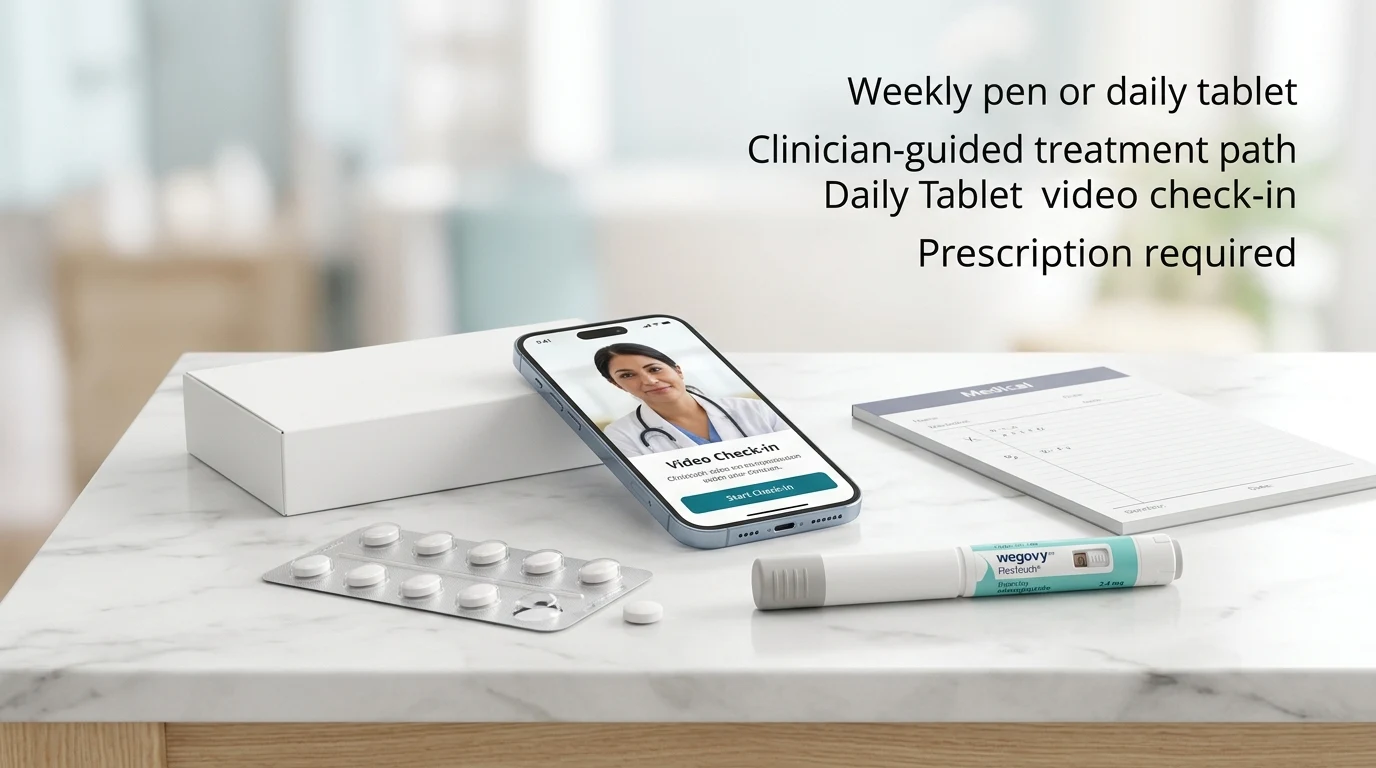 Wegovy treatment options — weekly pen or daily tablet, clinician-guided treatment path, daily tablet video check-in, prescription required