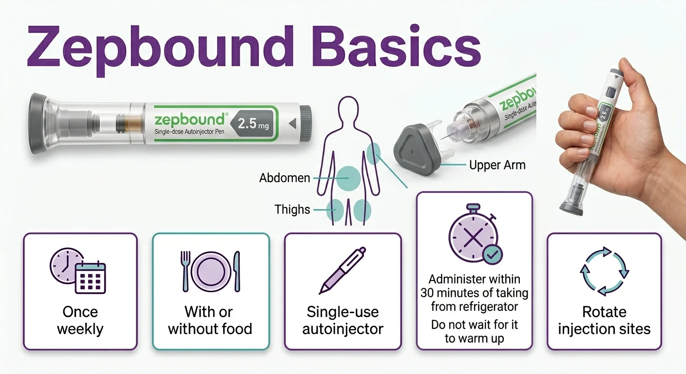 Zepbound basics — once weekly injection, with or without food, single-use autoinjector, administer within 30 minutes of taking from refrigerator, rotate injection sites between abdomen, thighs, and upper arm