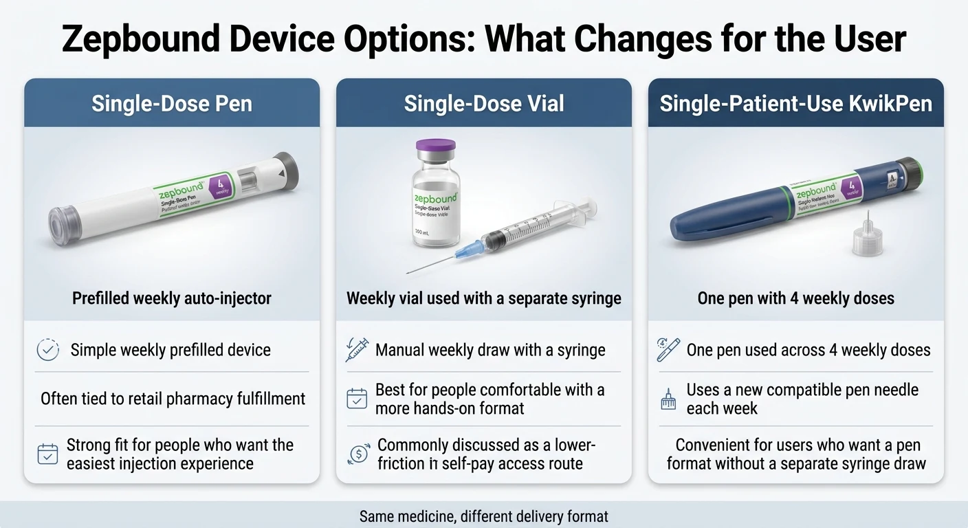 Zepbound device options — single-dose pen (prefilled weekly auto-injector), single-dose vial (weekly vial with separate syringe), single-patient-use KwikPen (one pen with 4 weekly doses)