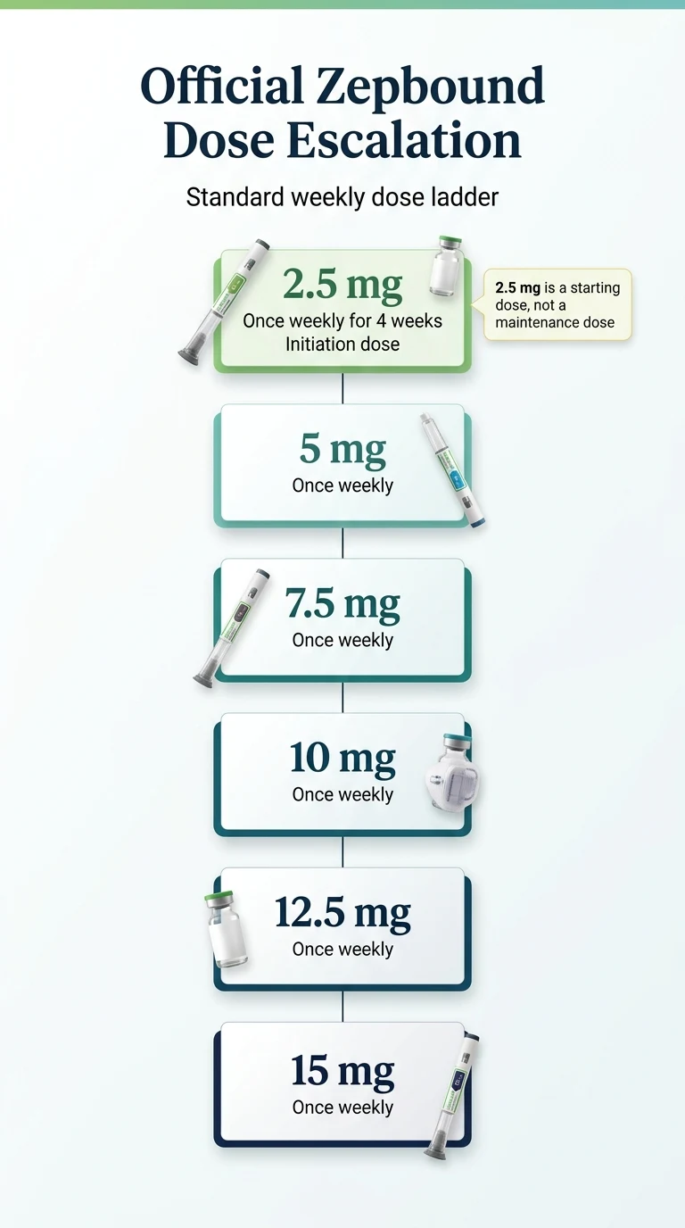 Official Zepbound dose escalation chart — standard weekly dose ladder from 2.5 mg initiation dose through 5, 7.5, 10, 12.5, and 15 mg maintenance doses